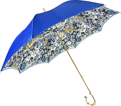 Luxury Blue Umbrella | Handmade Italian Double Canopy Rain Umbrella with 24K Gold-Plated Handle