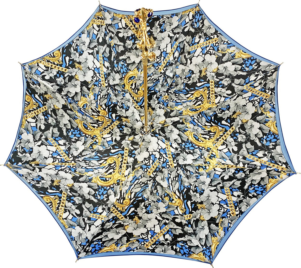 Luxury Blue Umbrella | Handmade Italian Double Canopy Rain Umbrella with 24K Gold-Plated Handle