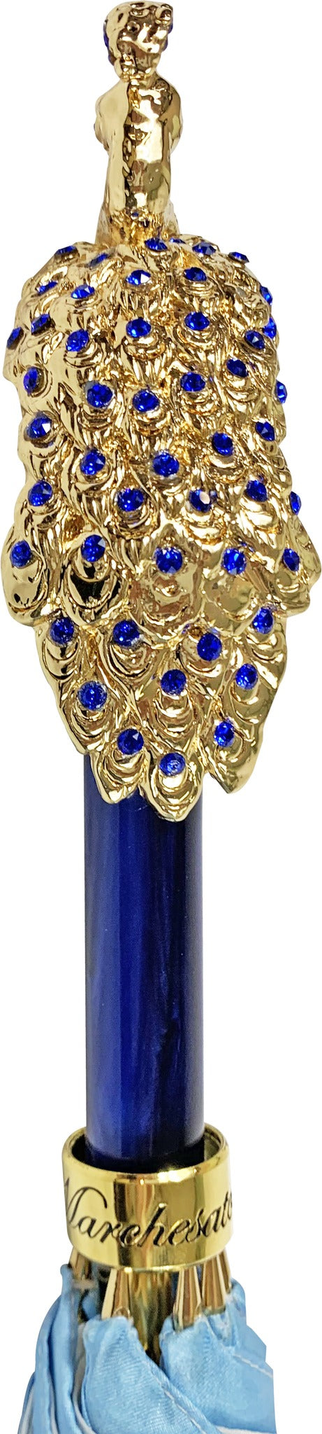 Blue Peacock Umbrella – Handmade Satin Luxury Rain Accessory With 24K Gold Handle