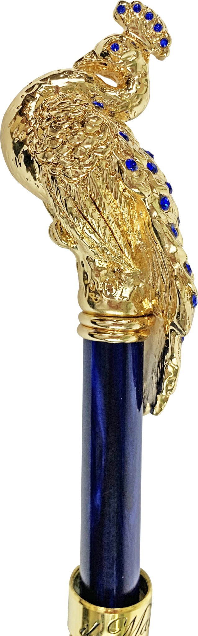 Blue Peacock Umbrella – Handmade Satin Luxury Rain Accessory With 24K Gold Handle