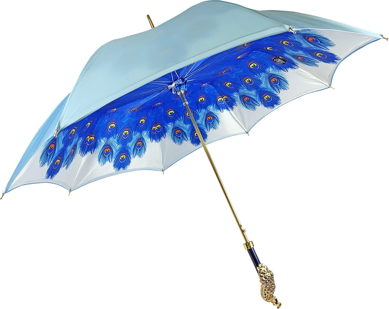 Blue Peacock Umbrella – Handmade Satin Luxury Rain Accessory With 24K Gold Handle