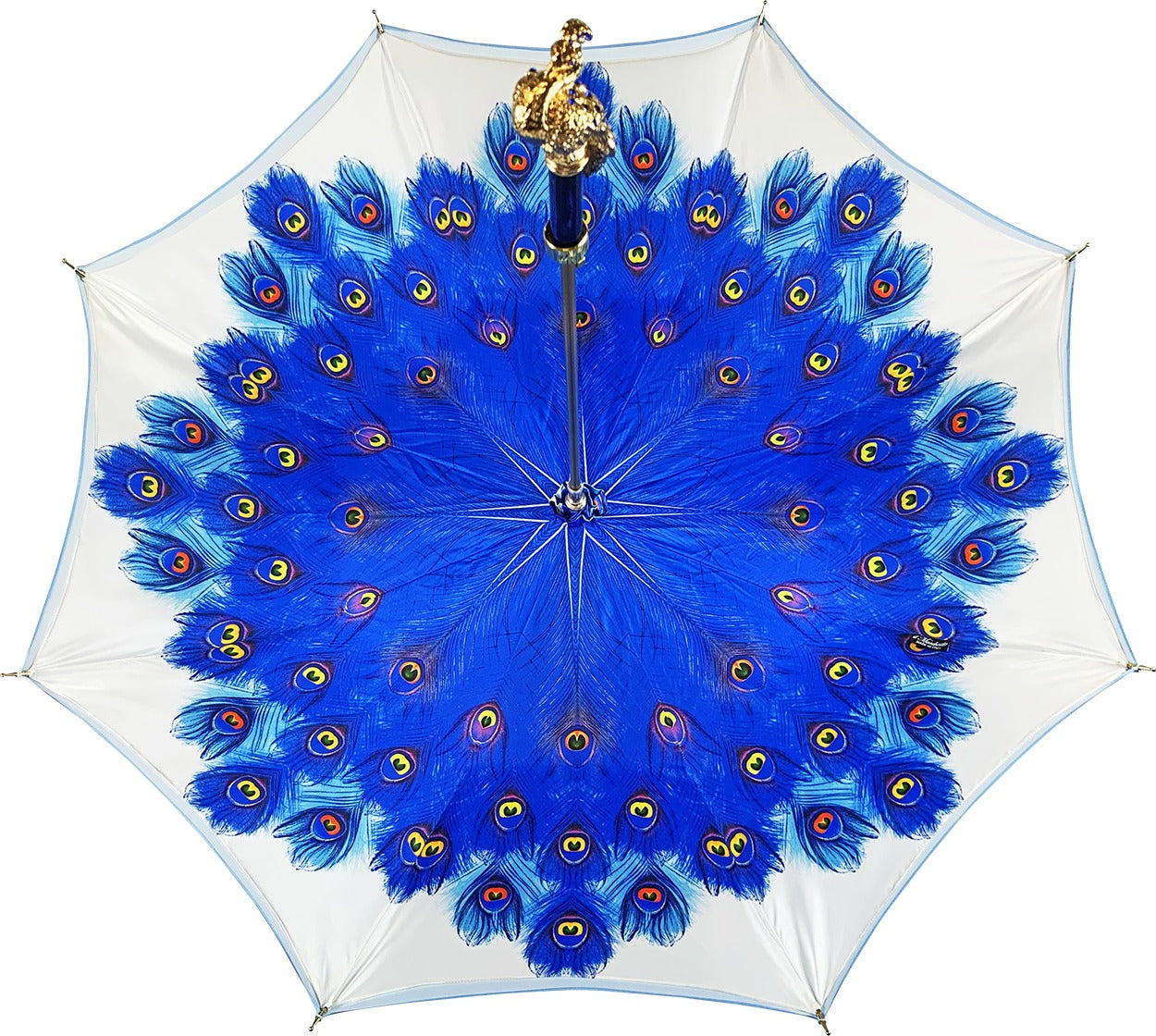 Blue Peacock Umbrella – Handmade Satin Luxury Rain Accessory With 24K Gold Handle