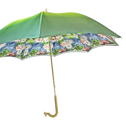 Luxury Green Umbrella – Handmade Italian Satin Fabric Rain Umbrella with Gold Plated Handle