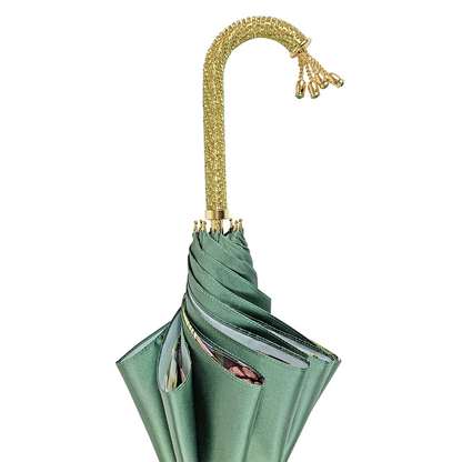 Luxury Green Umbrella – Handmade Italian Satin Fabric Rain Umbrella with Gold Plated Handle