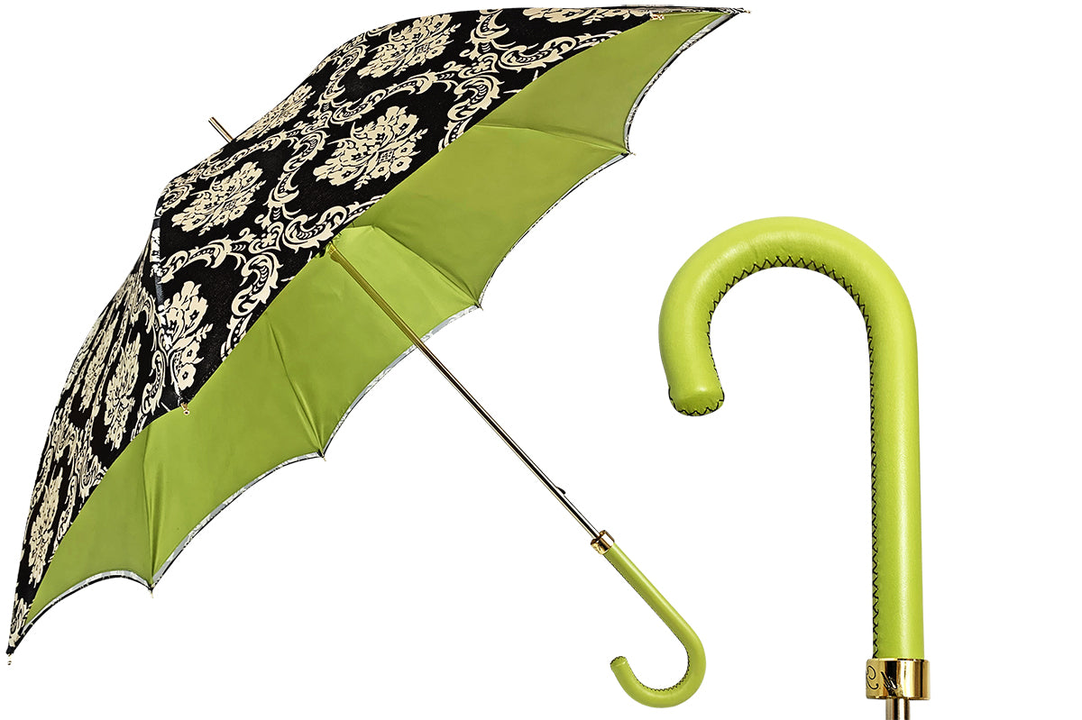 Black Damask Umbrella – Handmade Luxury Rain Gear with Leather Handle & 24K Gold