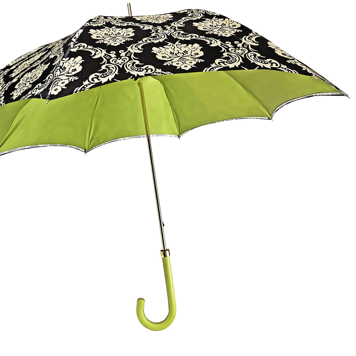 Black Damask Umbrella – Handmade Luxury Rain Gear with Leather Handle & 24K Gold