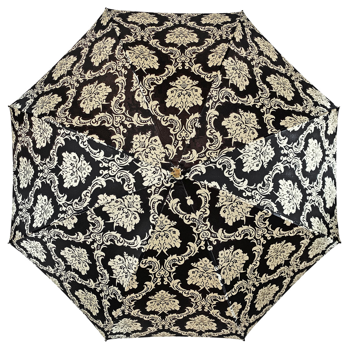 Black Damask Umbrella – Handmade Luxury Rain Gear with Leather Handle & 24K Gold