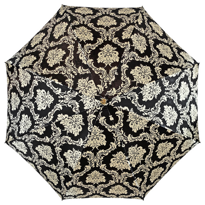 Black Damask Umbrella – Handmade Luxury Rain Gear with Leather Handle & 24K Gold