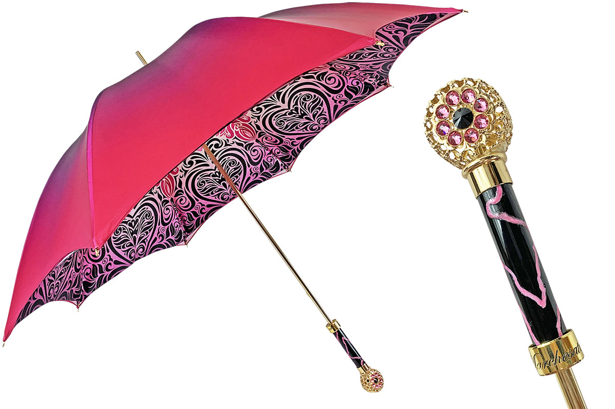 Fuchsia Designer Umbrella – Luxury Rain Umbrella with Crystal Handle & 24K Gold Accessories