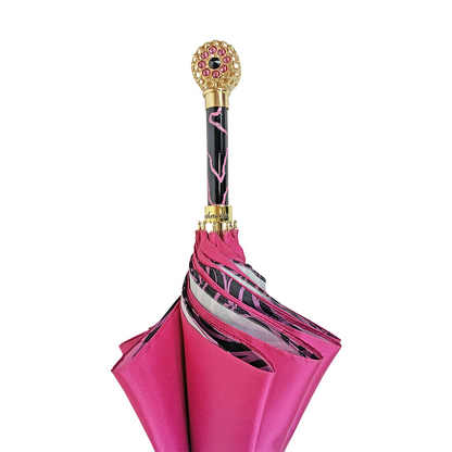 Fuchsia Designer Umbrella – Luxury Rain Umbrella with Crystal Handle & 24K Gold Accessories