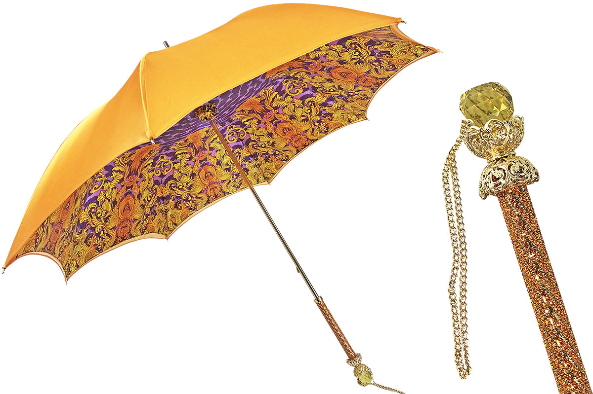 Orange Leopard Umbrella – Handmade Luxury Rain Umbrella with 24K Gold Handle
