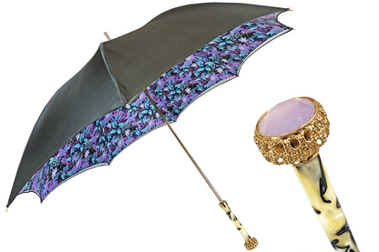 Grey Luxury Umbrella – Handmade Italy Satin Fabric Rain Gear with 24K Gold Handle