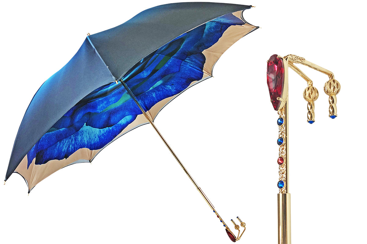 Luxury Umbrella – Italian Handcrafted Gold Handle with Red Crystal Closure