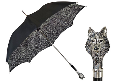 Premium Black Umbrella – Hand-Painted Wolf Handle | Luxury Men's Rain Umbrella