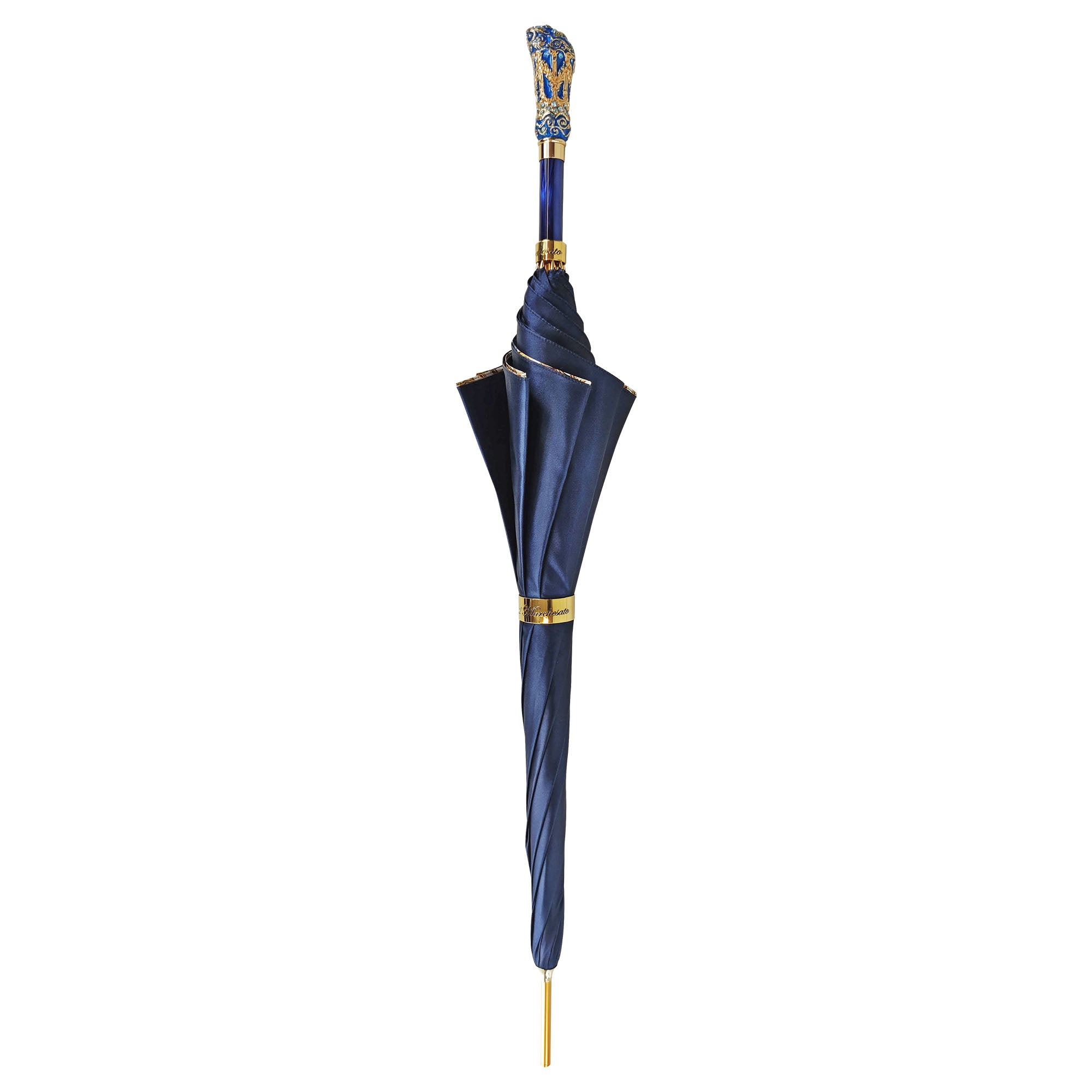 Luxury Blue Umbrella – Handmade Italian Satin Canopy with Turquoise Crystal Handle