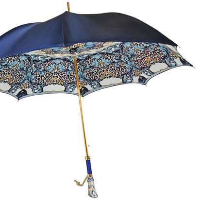 Luxury Blue Umbrella – Handmade Italian Satin Canopy with Turquoise Crystal Handle