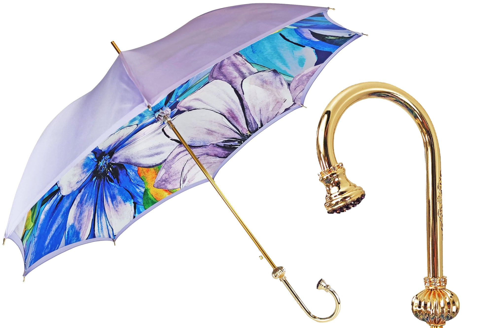 Flowered Umbrella Lilac – Handmade Italian Satin Rain Umbrella With Amethyst Crystal Handle