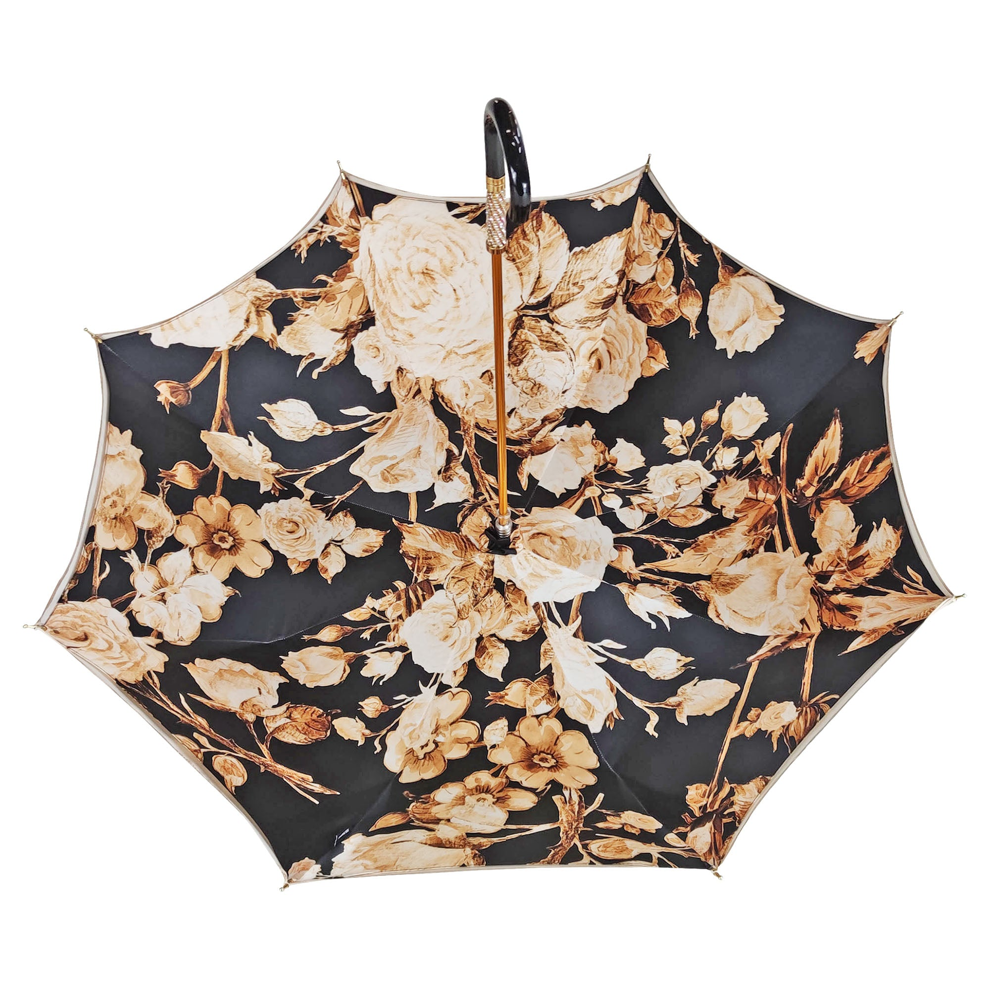 Elegant Ladies Umbrella – Black Floral Rain Umbrella with 24K Gold Handle