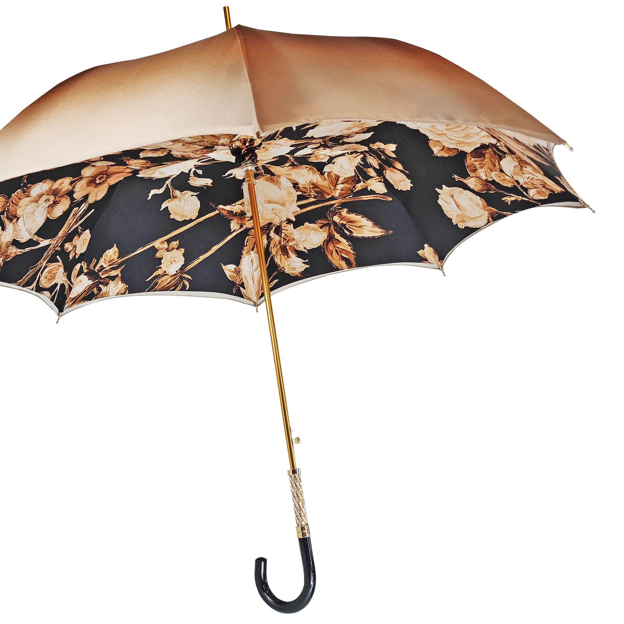 Elegant Ladies Umbrella – Black Floral Rain Umbrella with 24K Gold Handle