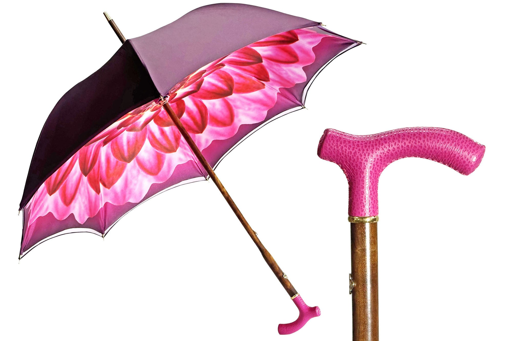 Handmade Ladies Umbrella – Luxury Rain Umbrella with Silk Texture Canopy & Pink Leather Handle