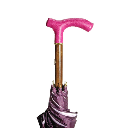 Handmade Ladies Umbrella – Luxury Rain Umbrella with Silk Texture Canopy & Pink Leather Handle
