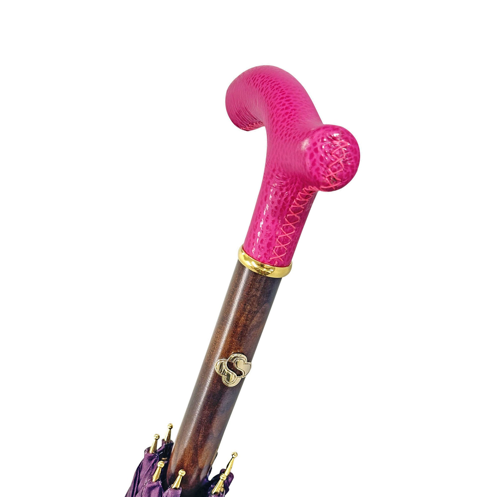 Handmade Ladies Umbrella – Luxury Rain Umbrella with Silk Texture Canopy & Pink Leather Handle