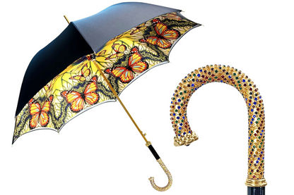Double Canopy Umbrella – Women's Rain Umbrella with Butterfly Pattern, Satin Fabric & Gold Plated Handle
