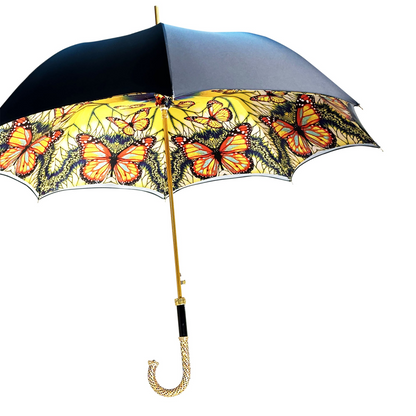 Double Canopy Umbrella – Women's Rain Umbrella with Butterfly Pattern, Satin Fabric & Gold Plated Handle