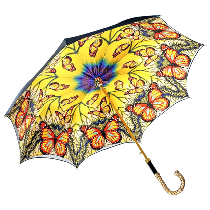 Double Canopy Umbrella – Women's Rain Umbrella with Butterfly Pattern, Satin Fabric & Gold Plated Handle