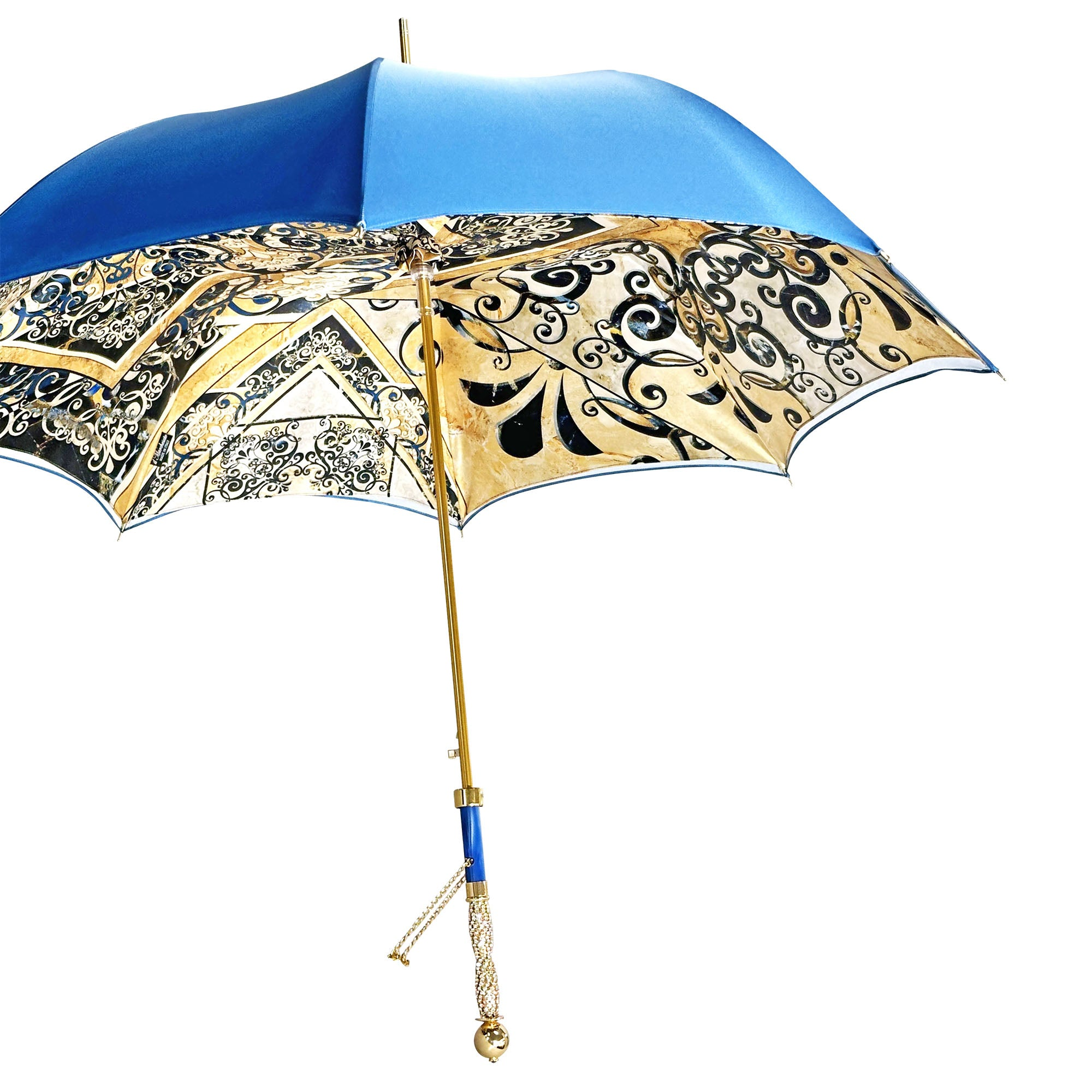 Handmade Umbrella – Elegant Majolica Pattern, 24K Gold Handle, Wind Resistant Frame