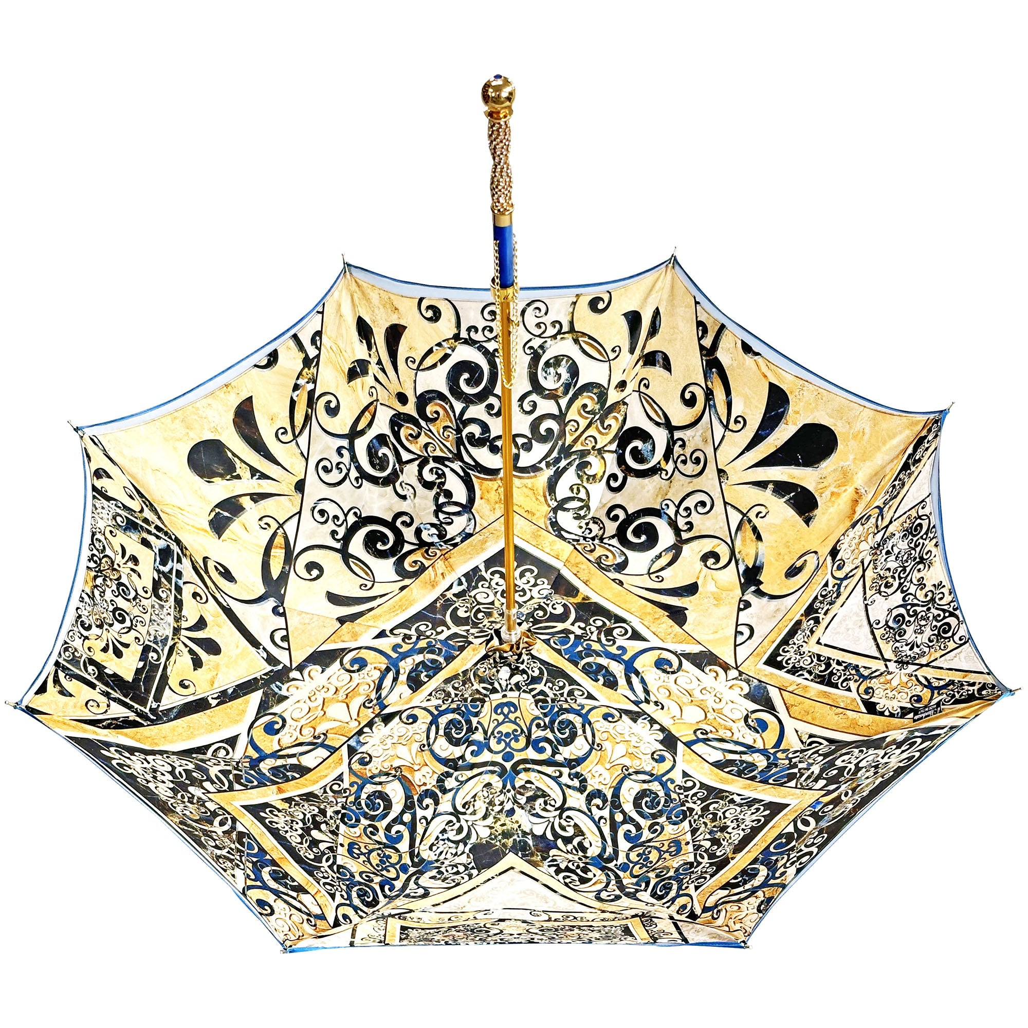 Handmade Umbrella – Elegant Majolica Pattern, 24K Gold Handle, Wind Resistant Frame