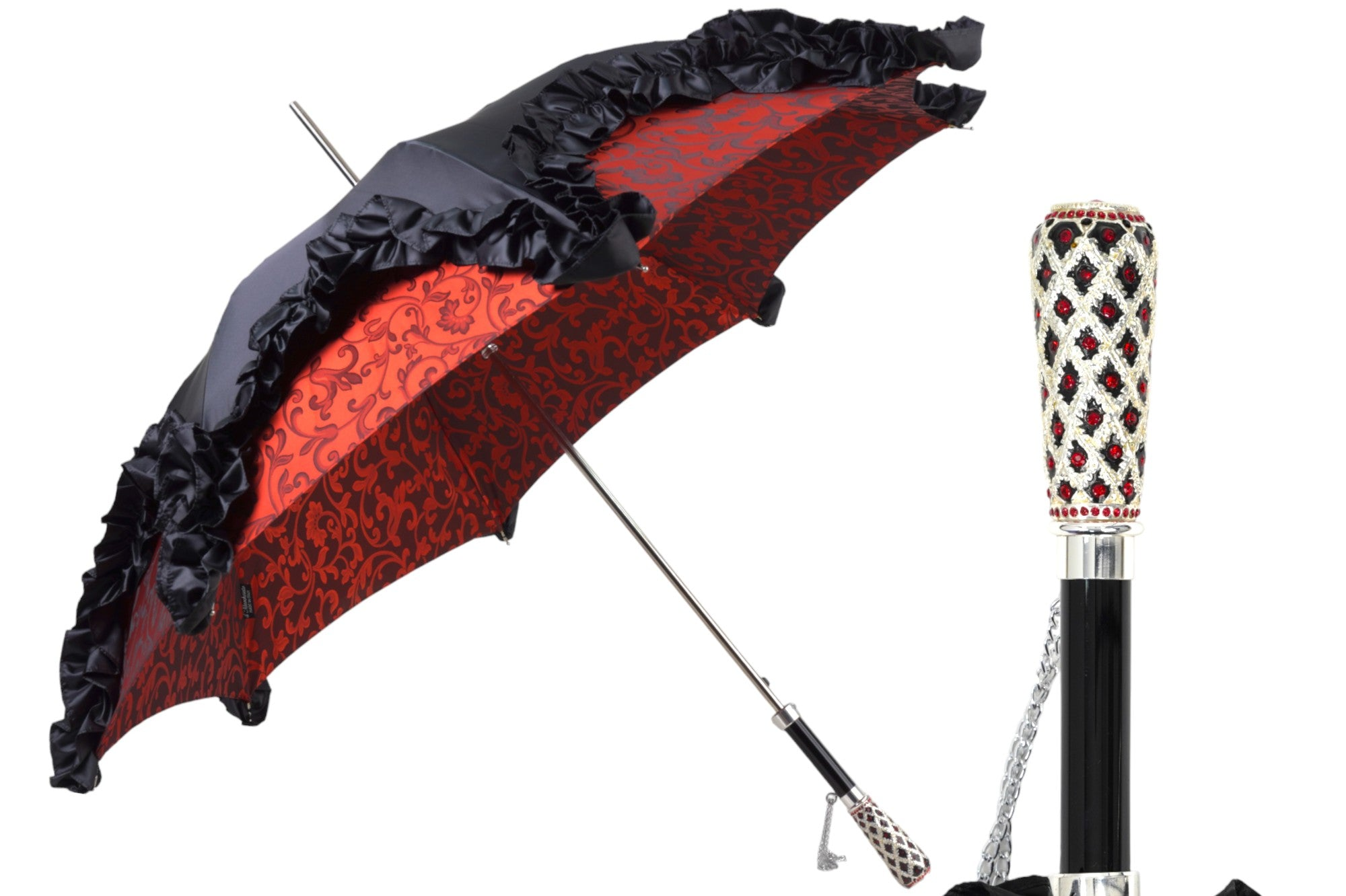 Designer Umbrella – Black Ruffle Edge, Silver-Plated Handle, Automatic Opening