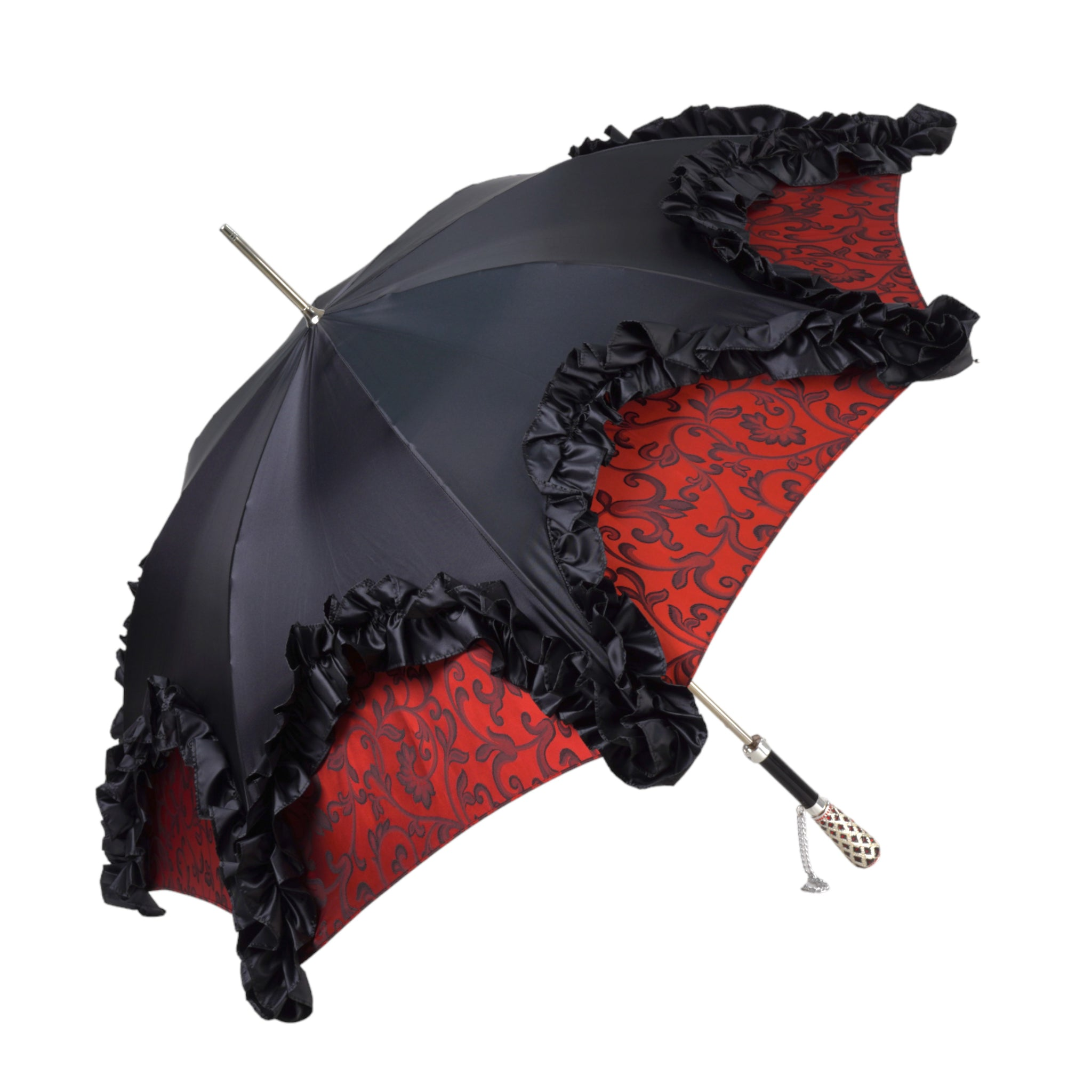 Designer Umbrella – Black Ruffle Edge, Silver-Plated Handle, Automatic Opening