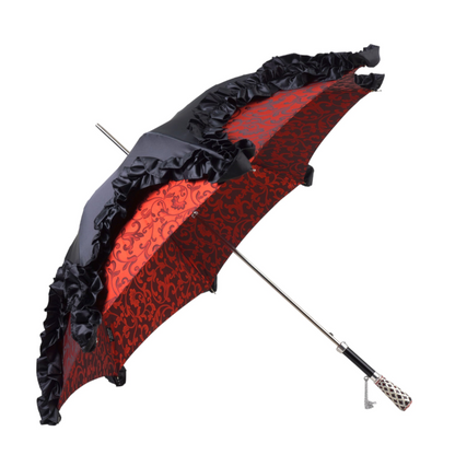 Designer Umbrella – Black Ruffle Edge, Silver-Plated Handle, Automatic Opening