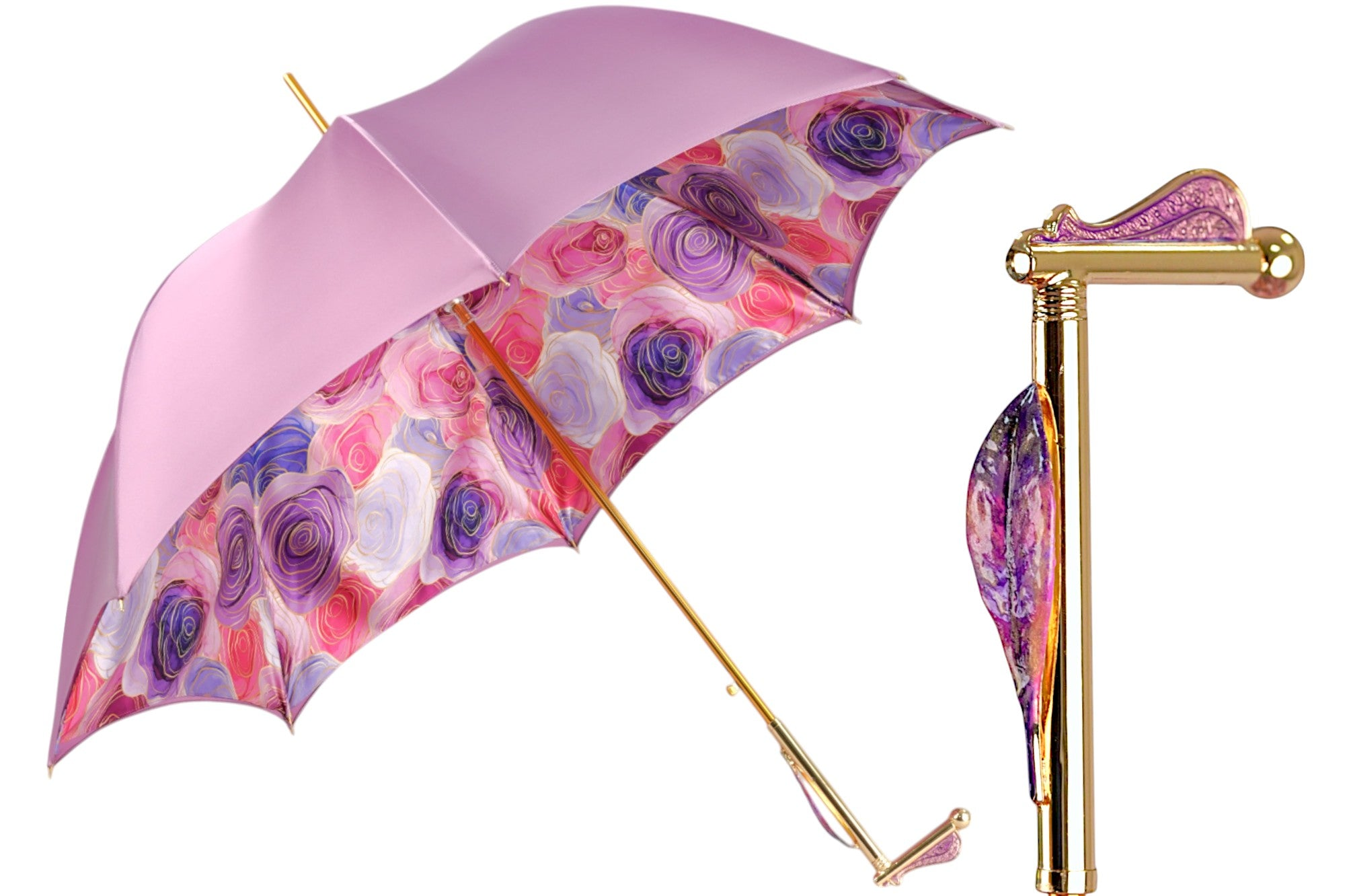 Luxury Pink Umbrella – Hand-Painted Floral Handle | Satin Canopy, Wind Resistant