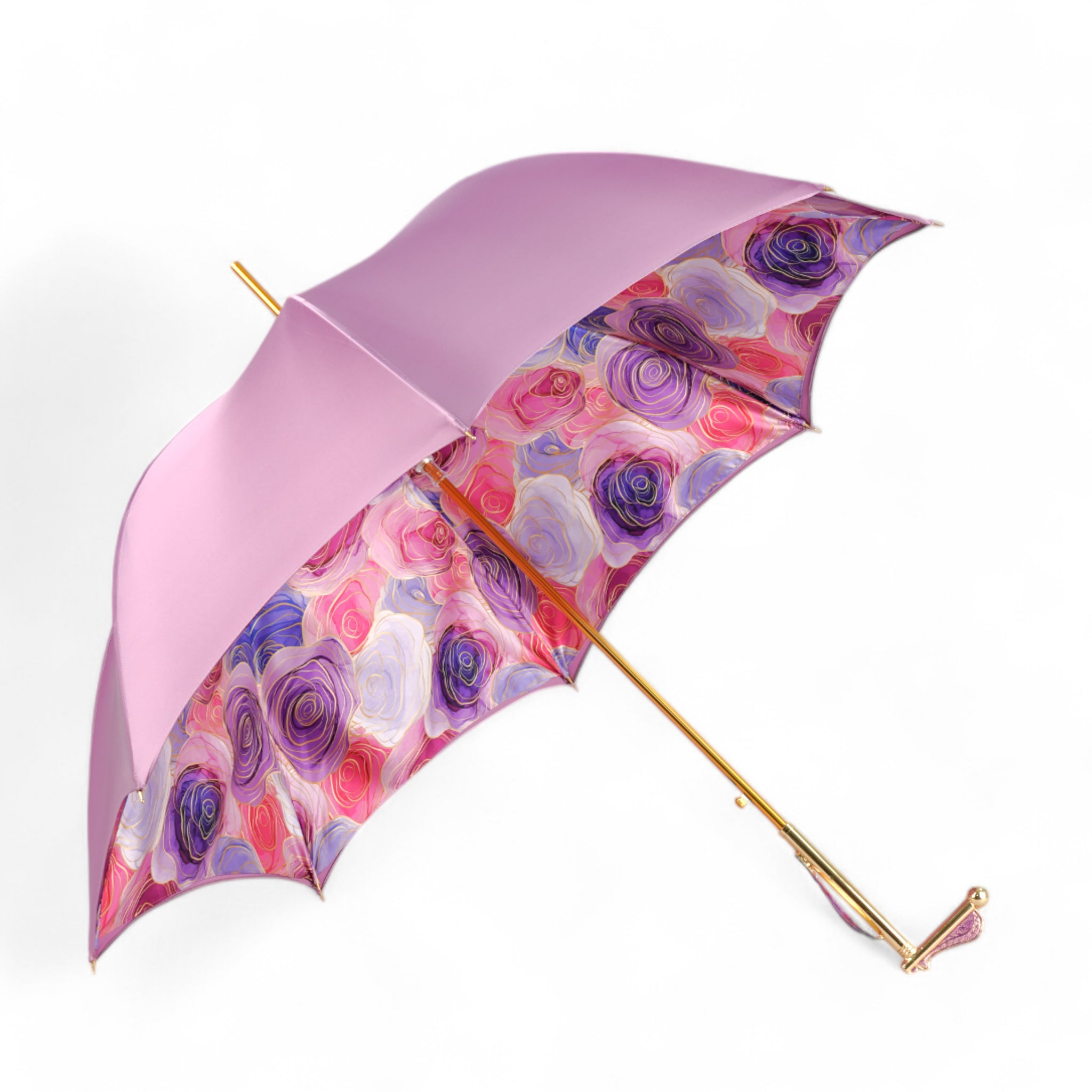 Luxury Pink Umbrella – Hand-Painted Floral Handle | Satin Canopy, Wind Resistant