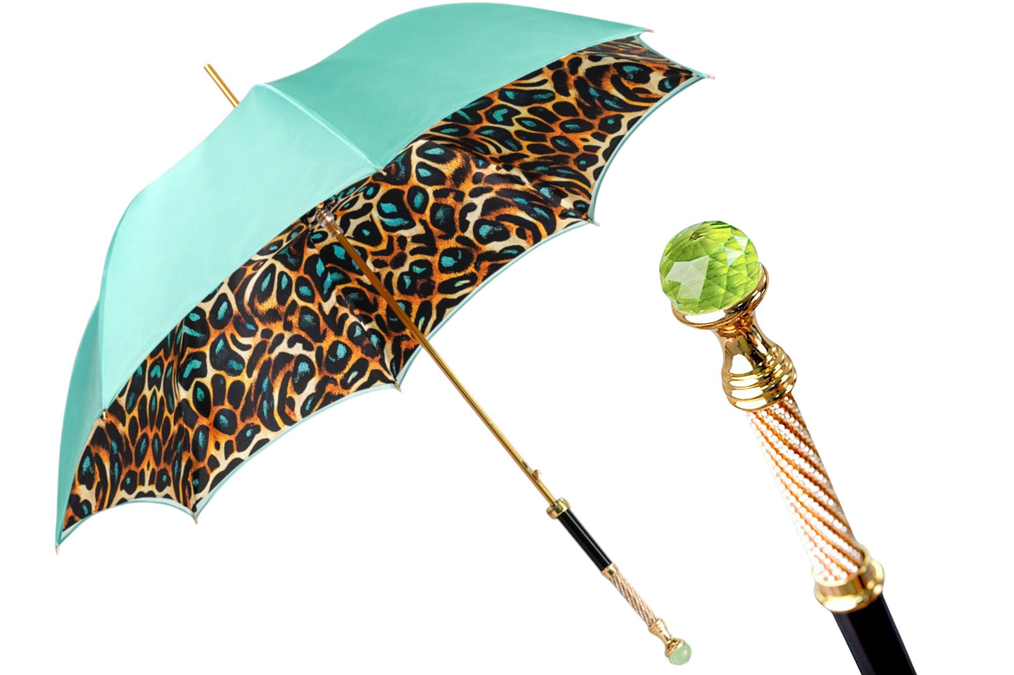 Luxury Leopard Umbrella - Automatic Open, 24K Gold Handle & Green Crystal
