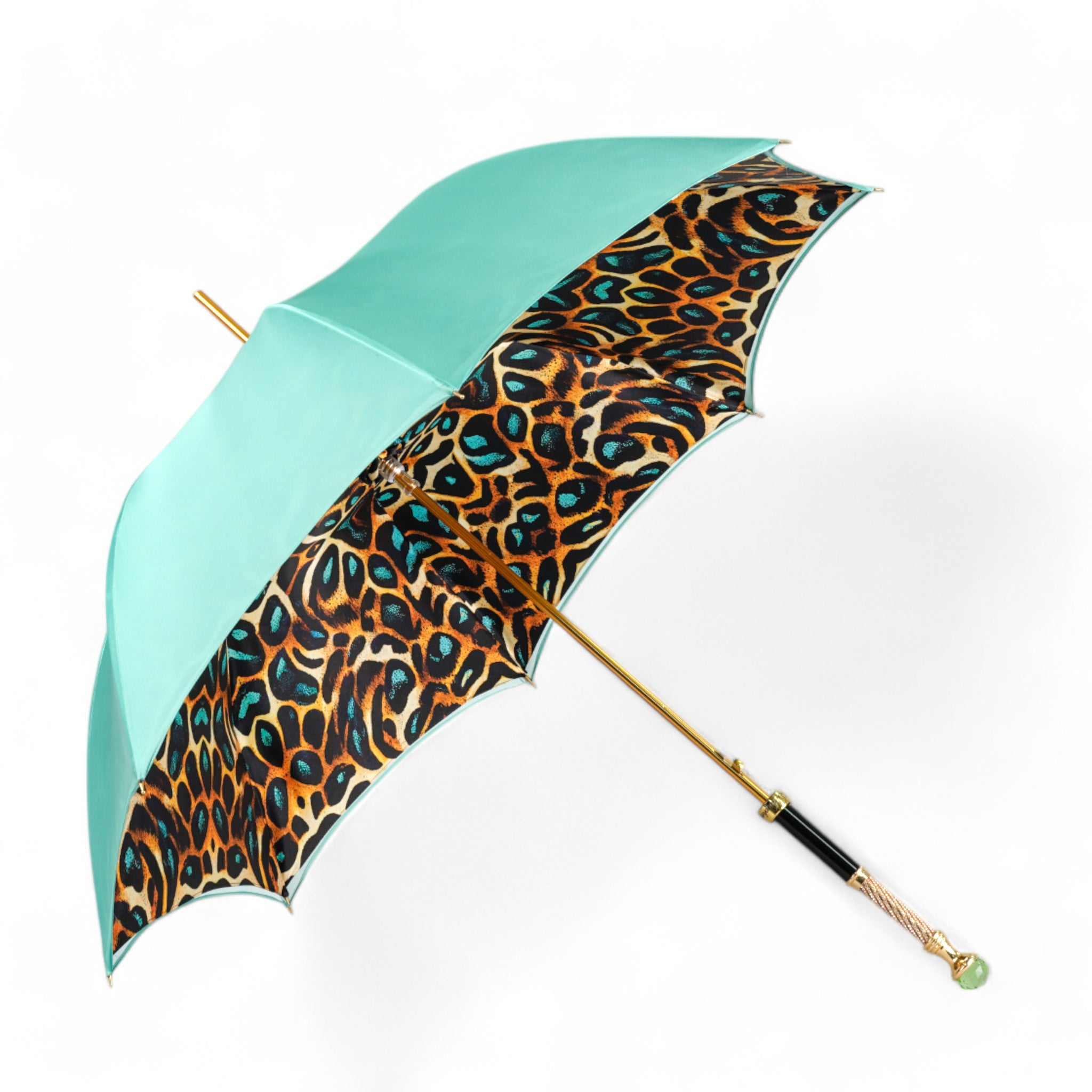 Luxury Leopard Umbrella - Automatic Open, 24K Gold Handle & Green Crystal