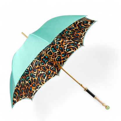 Luxury Leopard Umbrella - Automatic Open, 24K Gold Handle & Green Crystal