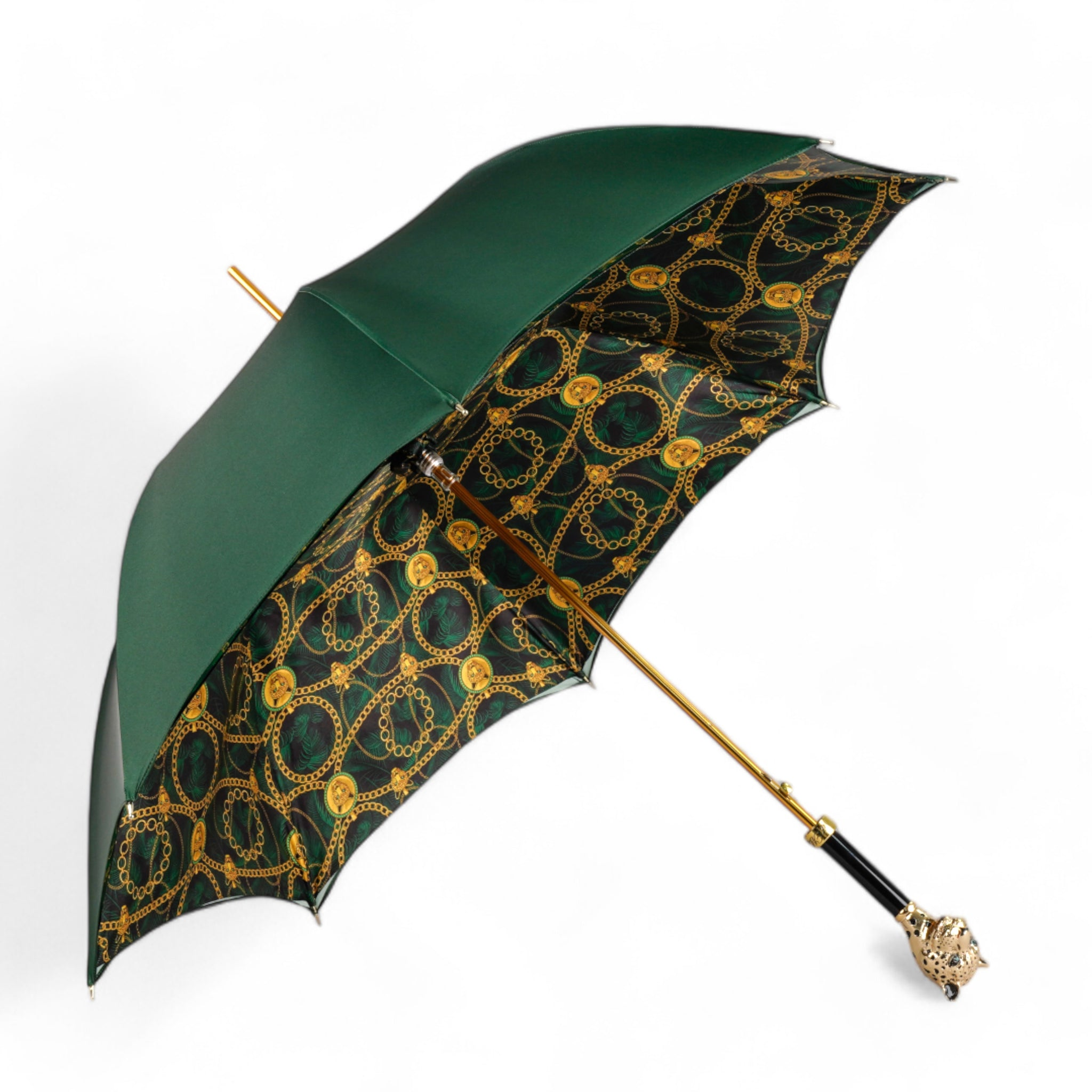 Green Umbrella – Luxury Handmade Italian Rain Umbrella with Leopard Print Handle