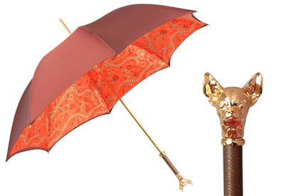 Red Luxury Umbrella – Gold Chihuahua Handle, Satin Finish, Automatic Opening