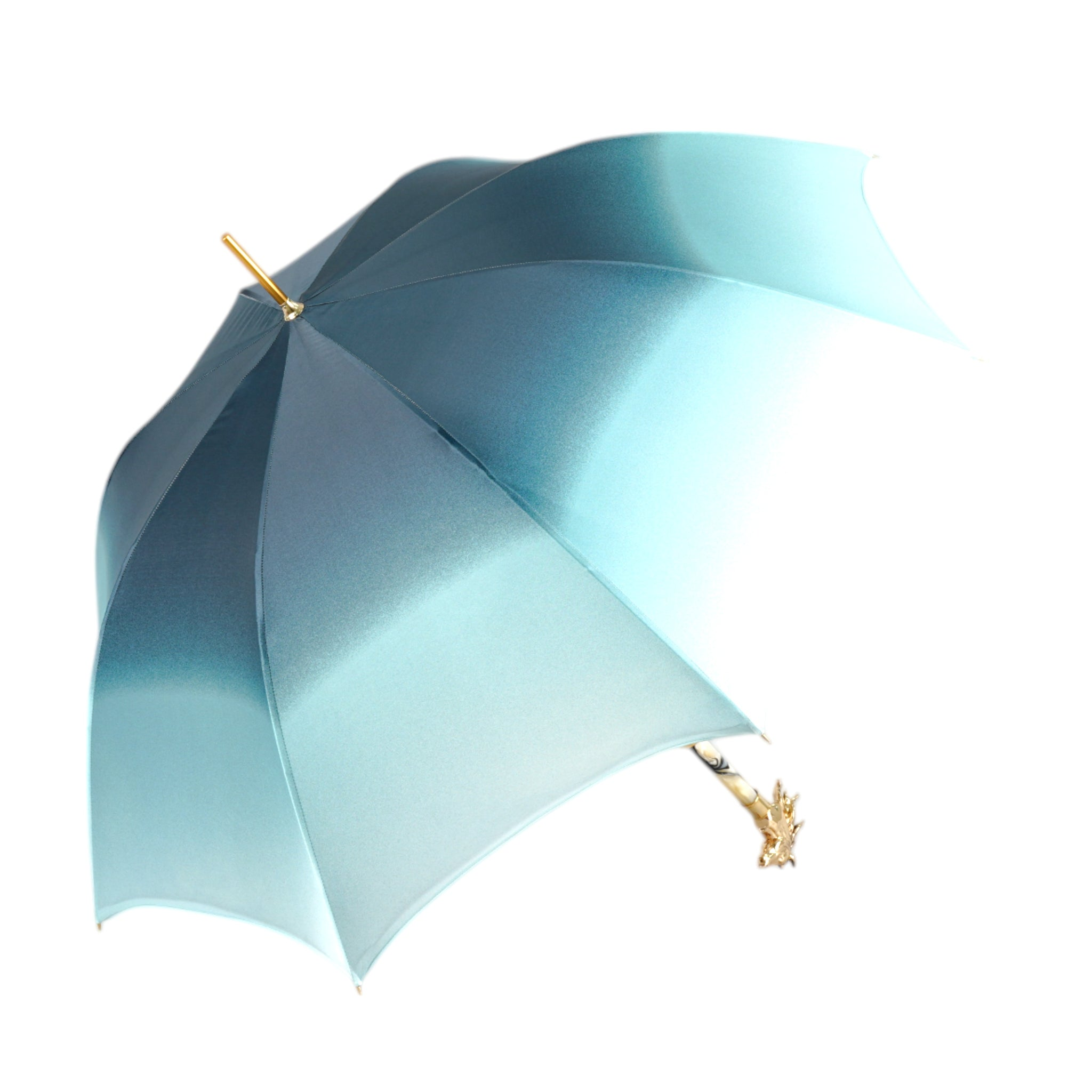 Light Blue Umbrella – Elegant Rain Protection with Gold Horse Handle & Silk Satin Canopy