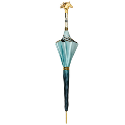 Light Blue Umbrella – Elegant Rain Protection with Gold Horse Handle & Silk Satin Canopy