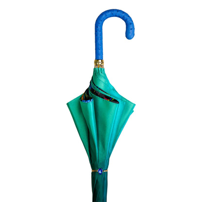 Peacock Inspired Umbrella – Luxury Rain Umbrella with Blue Ostrich Leather Handle