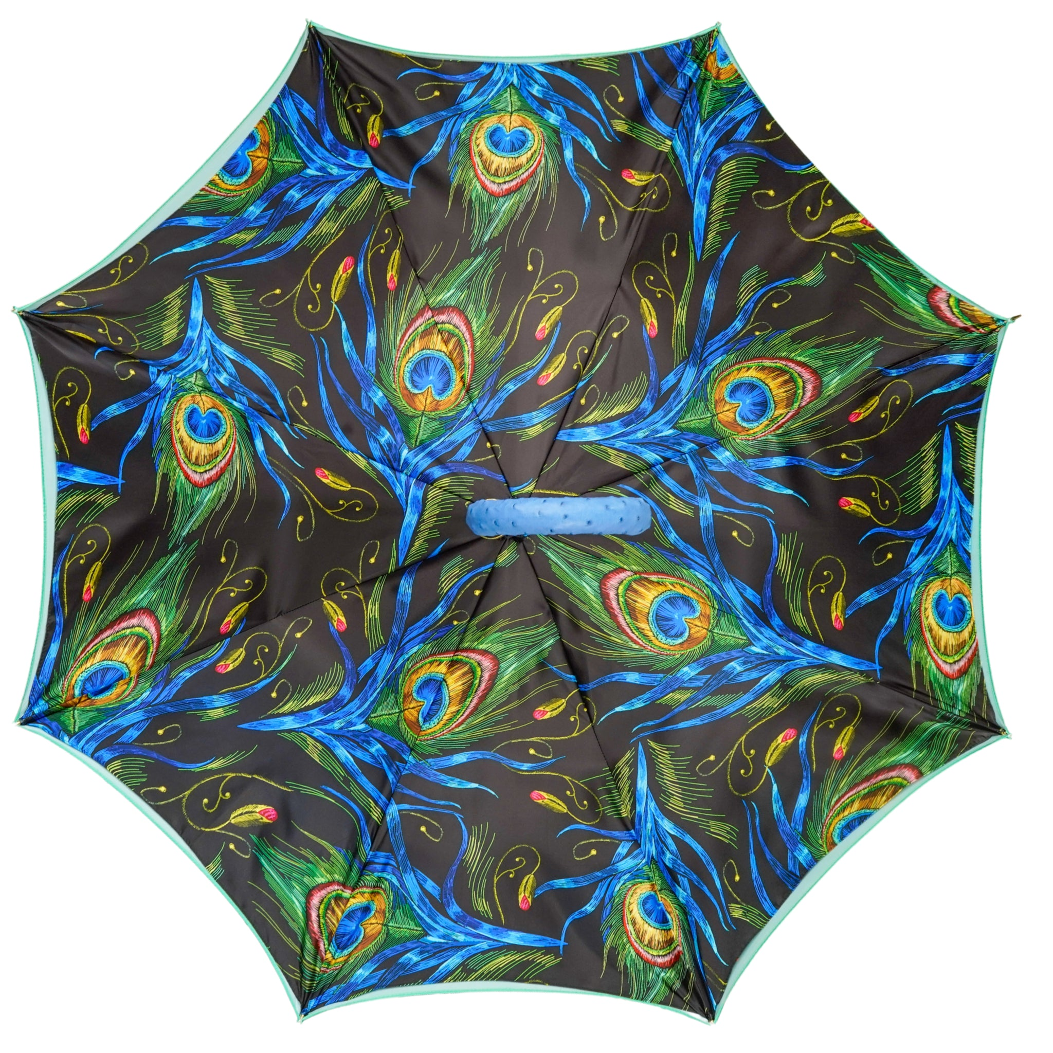 Peacock Inspired Umbrella – Luxury Rain Umbrella with Blue Ostrich Leather Handle