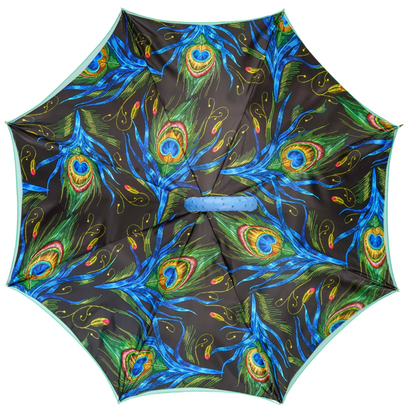 Peacock Inspired Umbrella – Luxury Rain Umbrella with Blue Ostrich Leather Handle