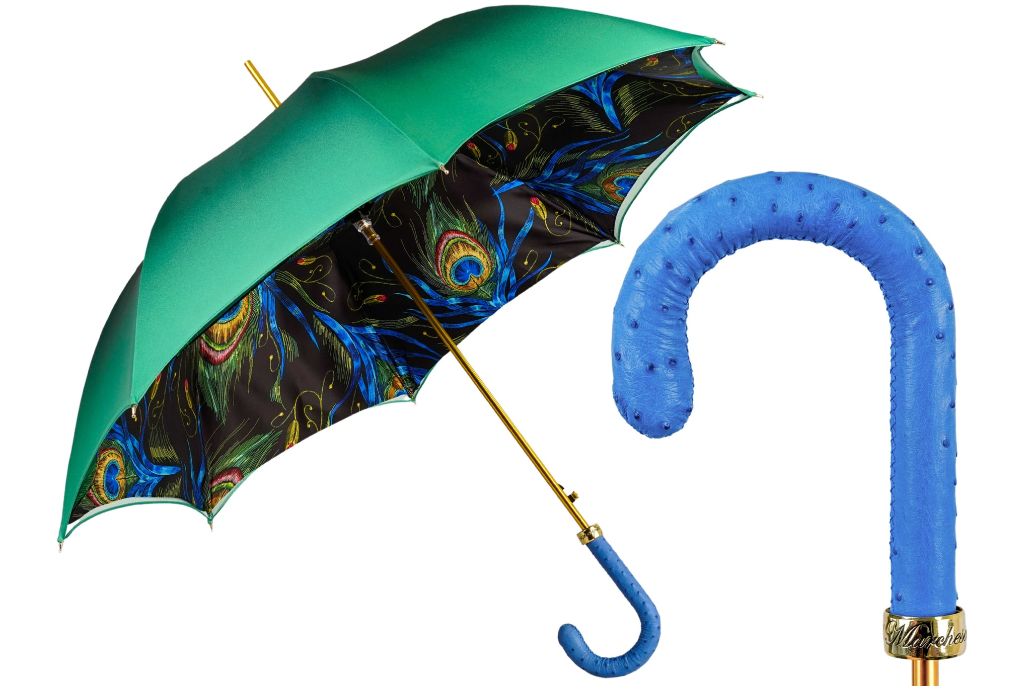 Peacock Inspired Umbrella – Luxury Rain Umbrella with Blue Ostrich Leather Handle