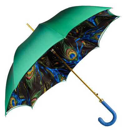 Peacock Inspired Umbrella – Luxury Rain Umbrella with Blue Ostrich Leather Handle