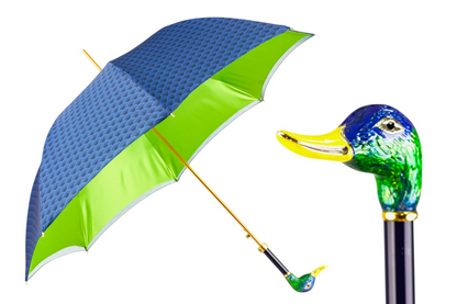 Hand-Enameled Duck Umbrella | Luxury Rain Umbrella With 24K Gold Handle & Satin Canopy