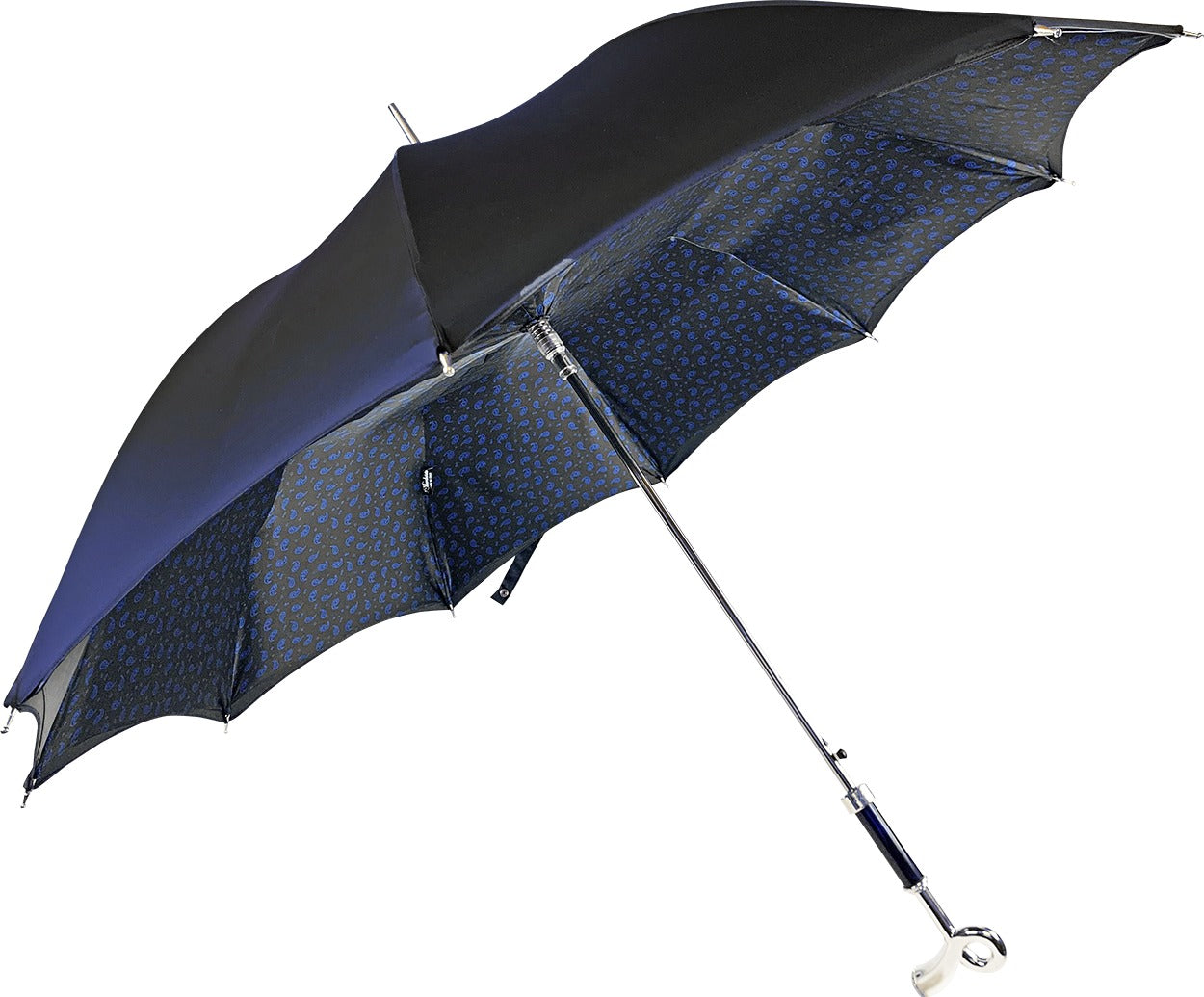Elegant Italian double-canopy blue umbrella for men with a silver-plated handle by Ilmarchesato.